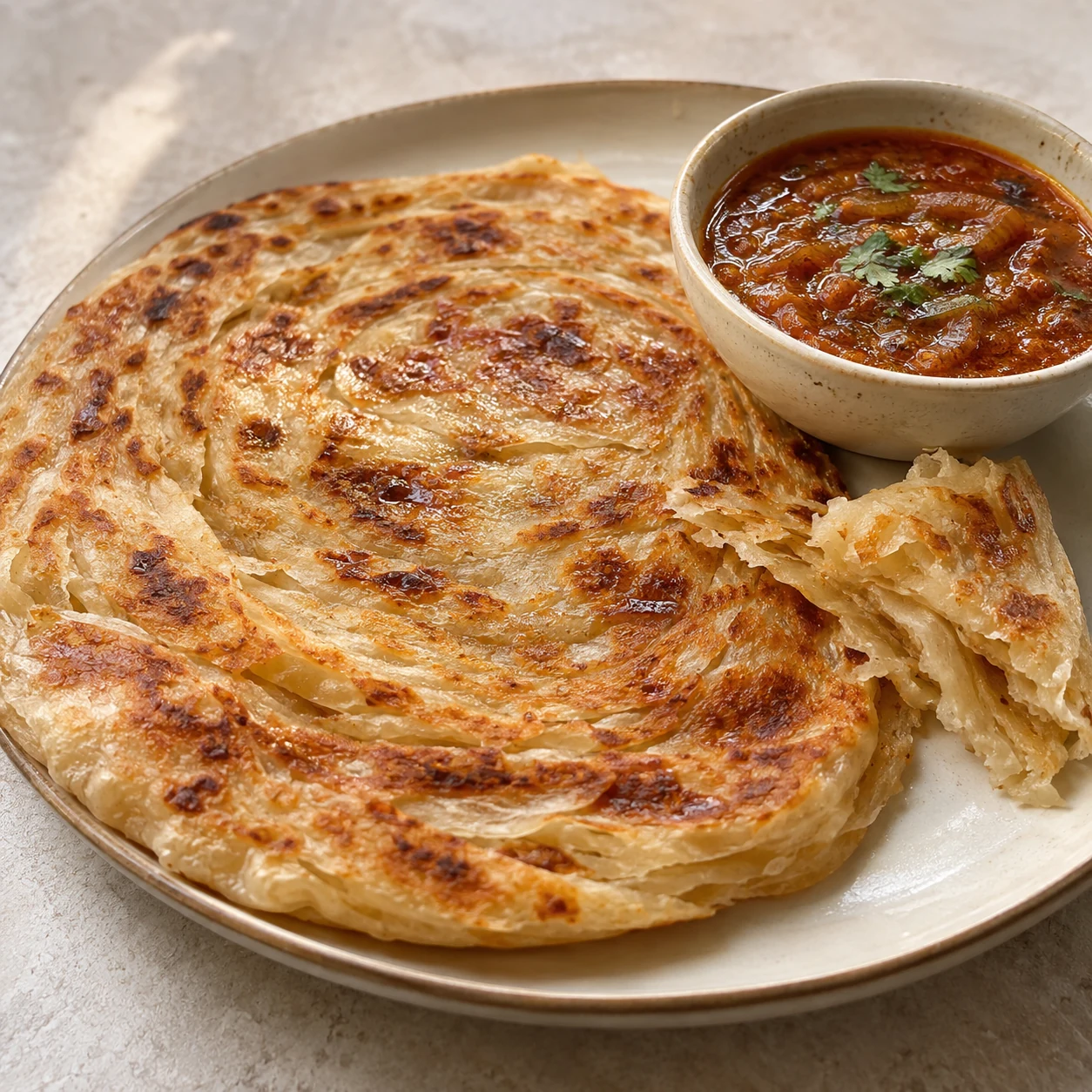 Golden paratha served on a plate with gravy